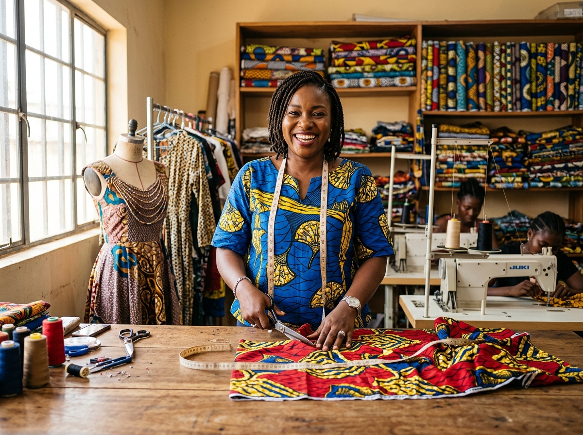Couturière souriante dans son atelier avec tissus wax