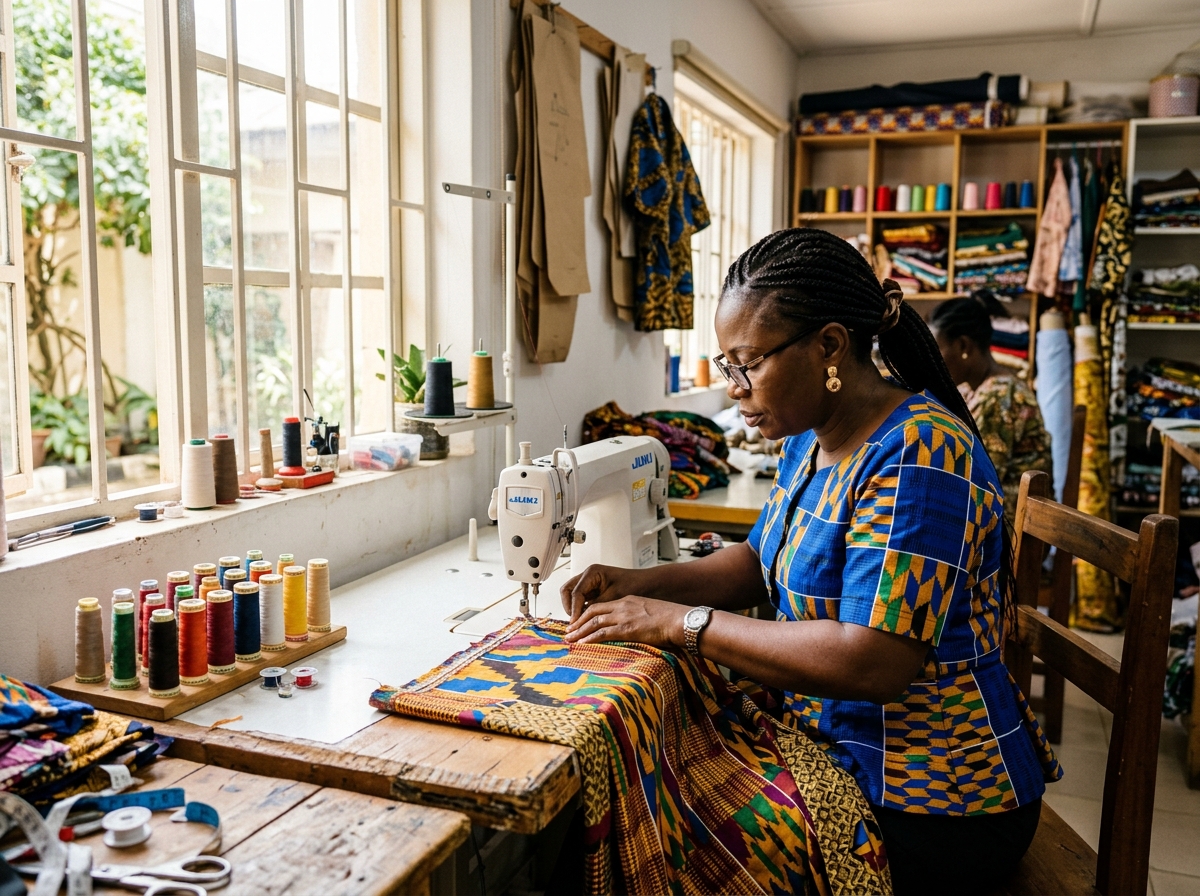 Couturière concentrée à sa machine à coudre dans un atelier lumineux