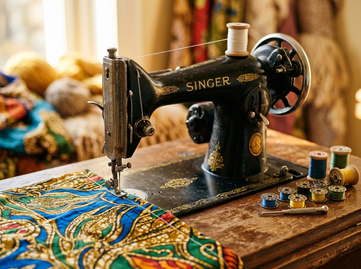 Machine à coudre Singer vintage avec tissu wax coloré dans un atelier de couture