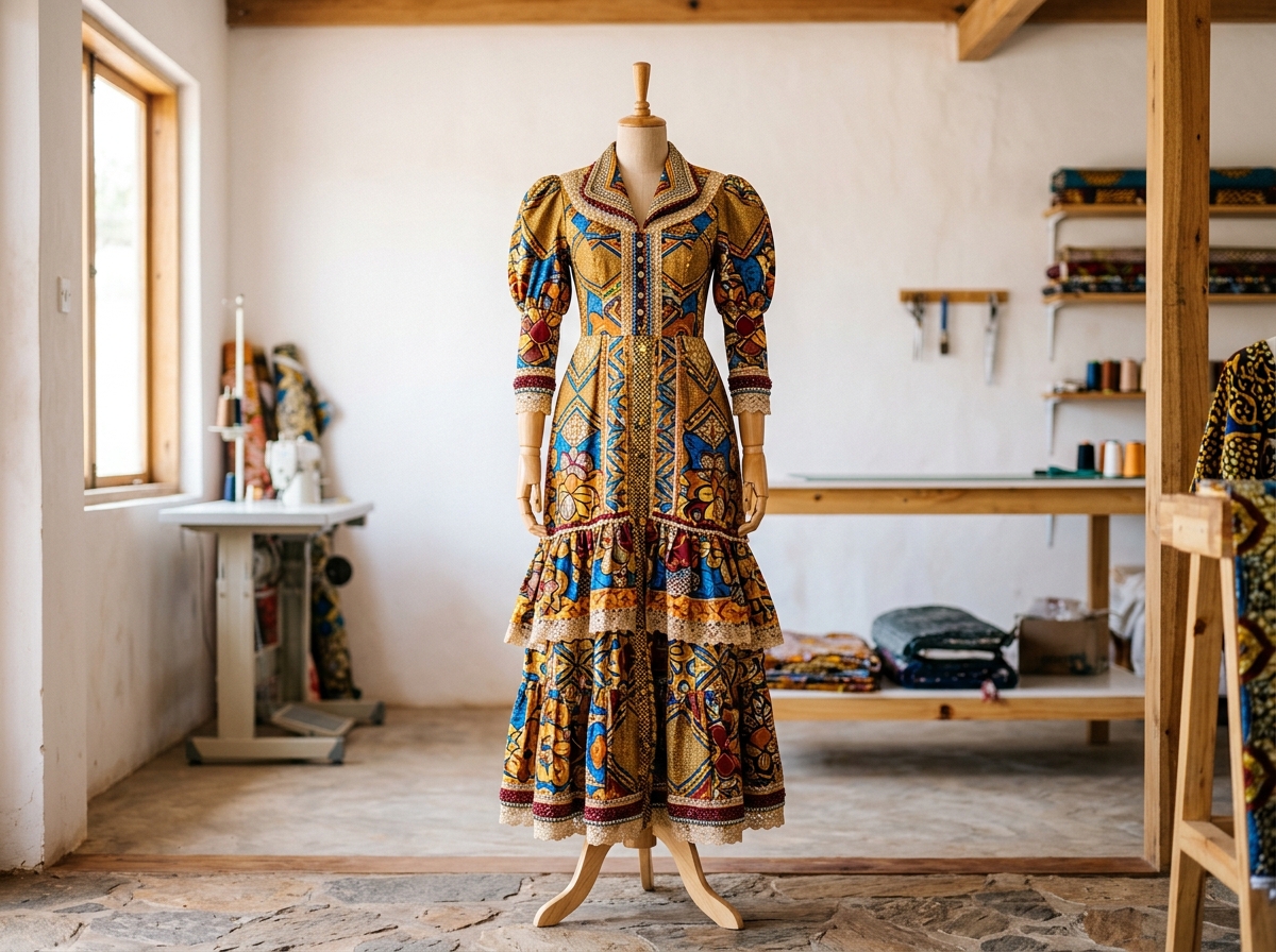 Robe traditionnelle wax finalisée sur mannequin dans un atelier lumineux