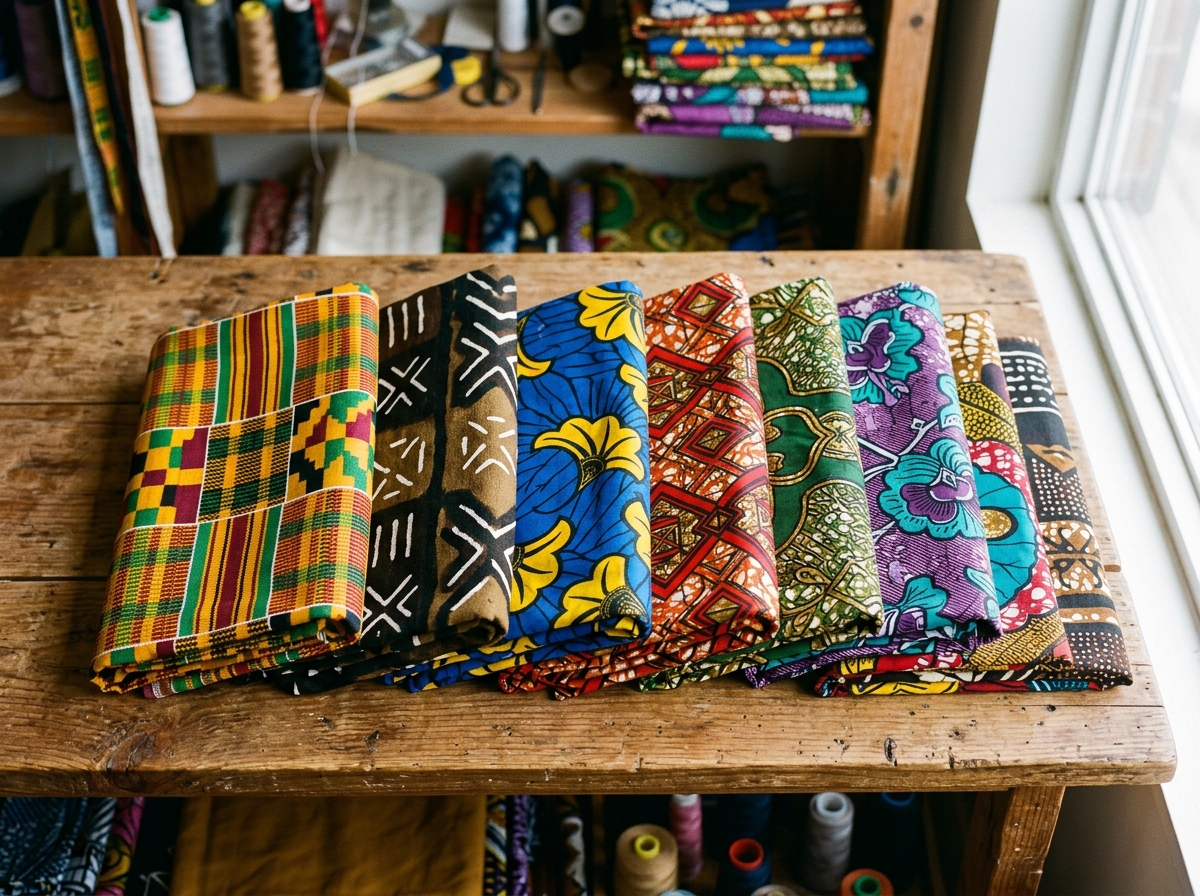 Tissus wax africains colorés pliés sur étagère - kente, ankara, bogolan