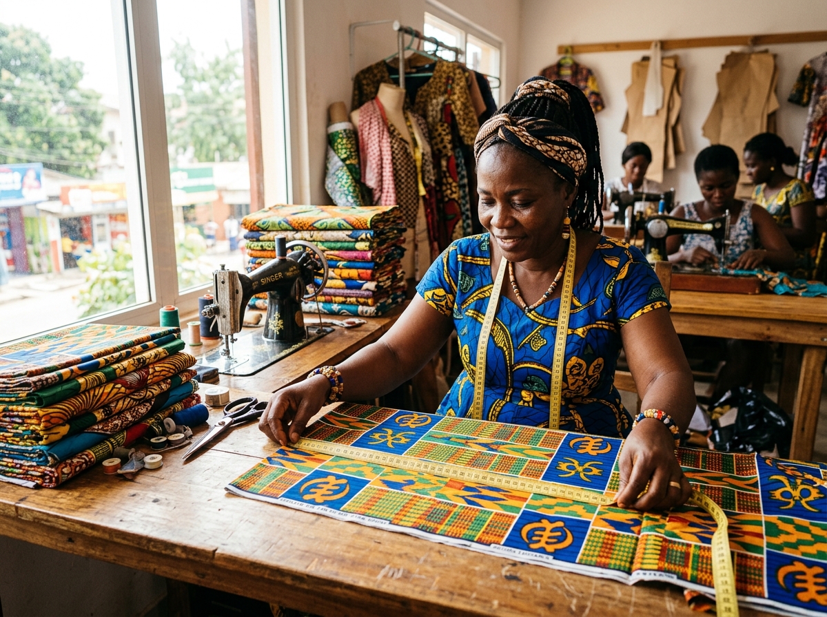 Couturière mesurant un tissu wax coloré dans son atelier